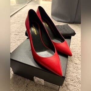 Yves Saint Laurent Red Pointed Toe Leather Pumps